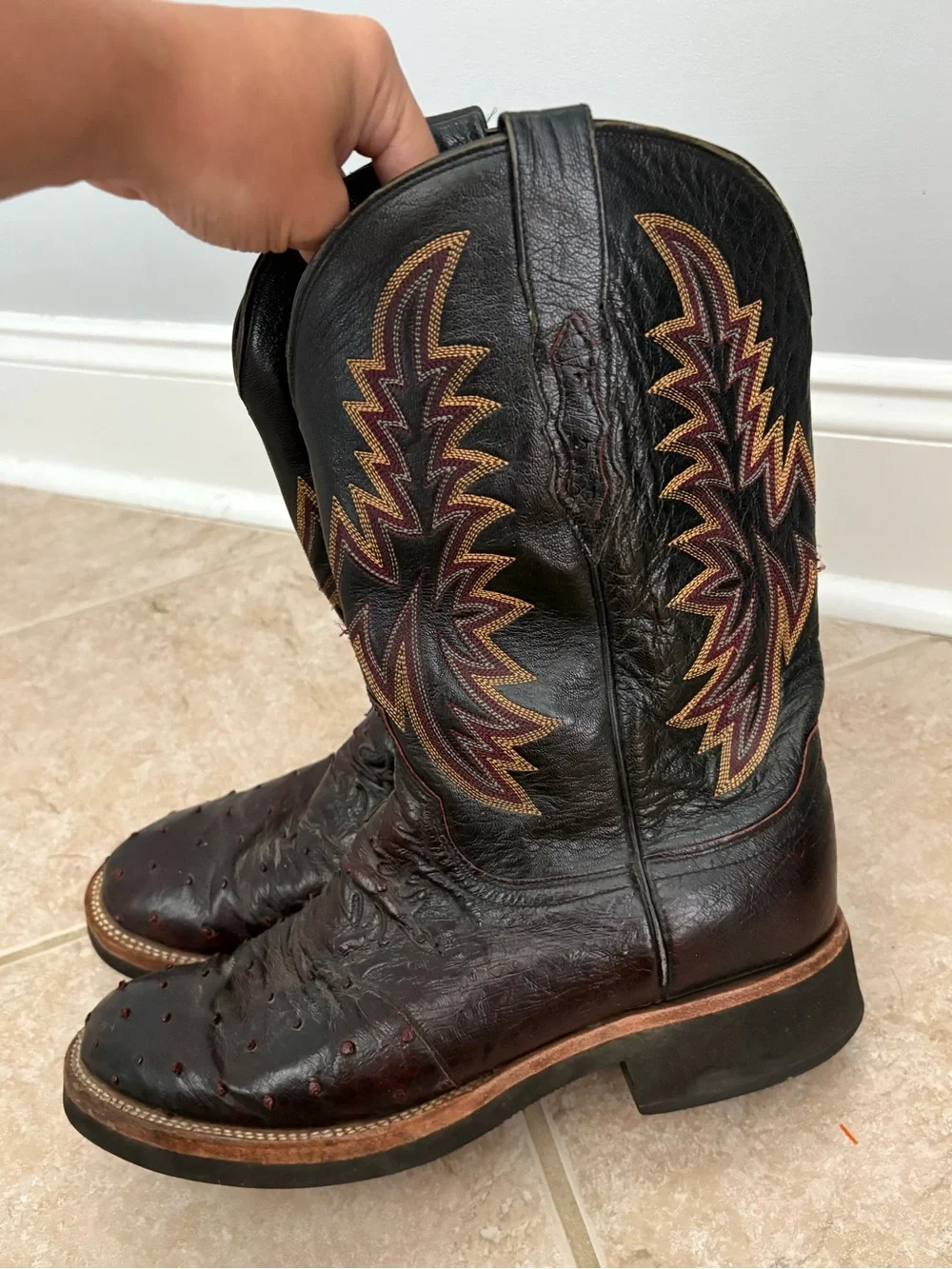 Lucchese 2000 Black Cherry Ostrich Leather Cowboy Boots Men's 10 EE Vintage